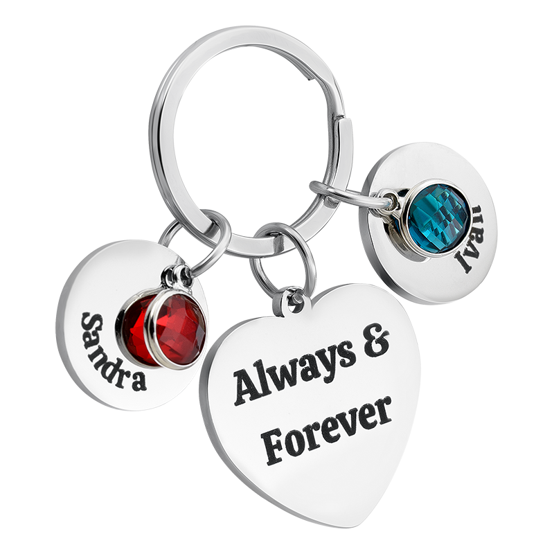 Personalized Engraved Heart with 2 Birthstones Keyring
