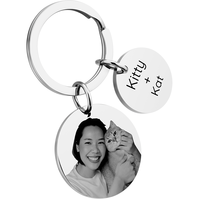 Personalized 2 Circles with Dog or Cat Photo Engraved Keyring