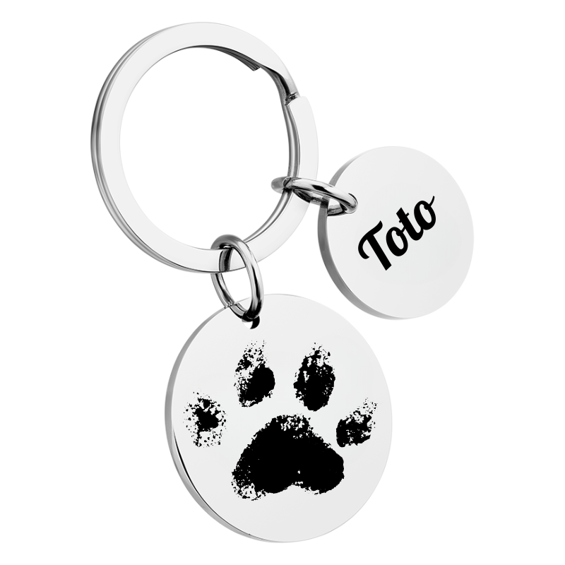 Personalized 2 Circles with Paw and Text Engraved Keyring