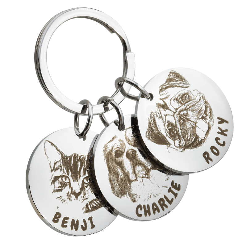 Porte-clés Triple médailles pour Animaux  -  Ajoutez la photo et le nom de votre Chien ou de votre Chat