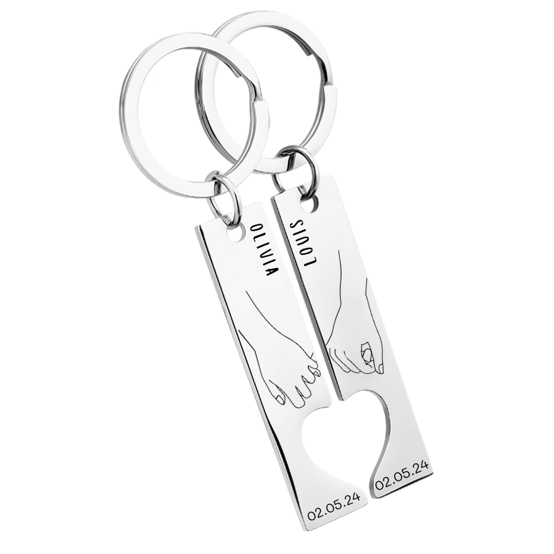 Personalized Couples' Holding Hands Heart Keyrings—Engraved Names and Dates