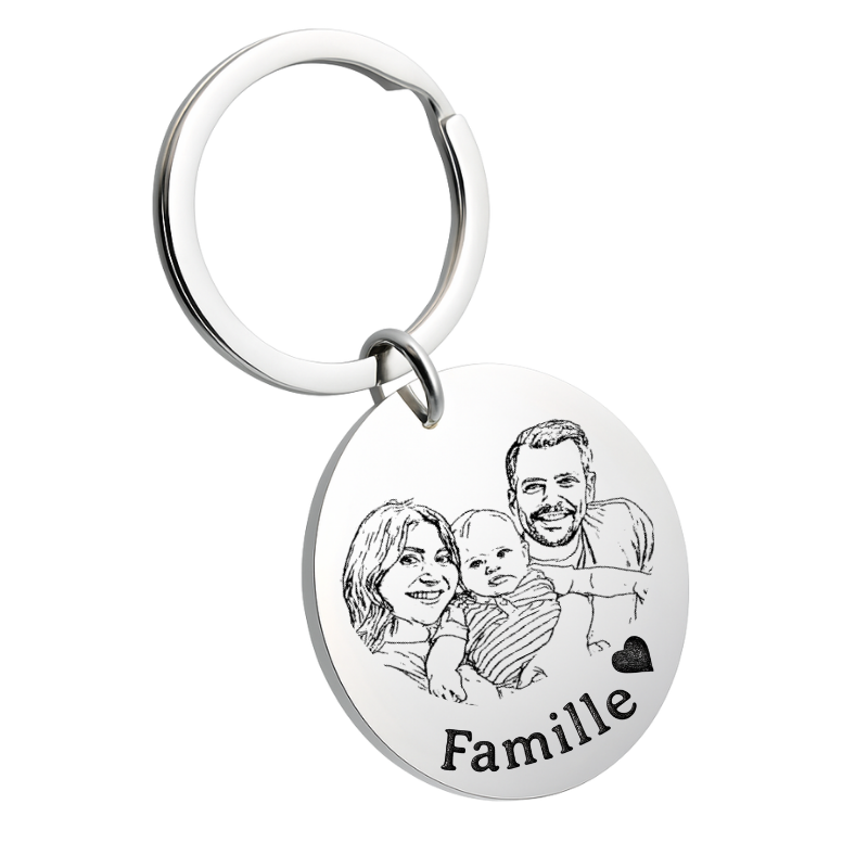 Porte-clés Rond Grand Format – Votre Photo Transformée en Dessin & Gravée avec Texte Personnalisé